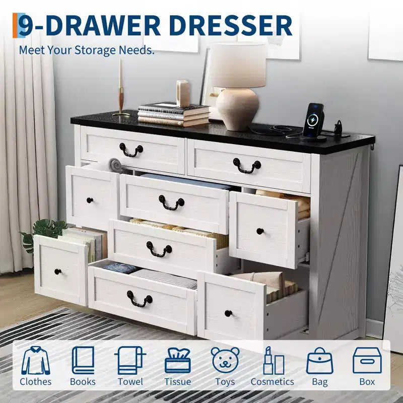 Commode à 9 tiroirs avec poignées métalliques – Cadre en bois, Rangement polyvalent