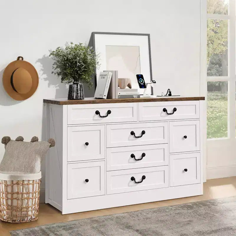 Commode à 9 tiroirs avec poignées métalliques – Cadre en bois, Rangement polyvalent