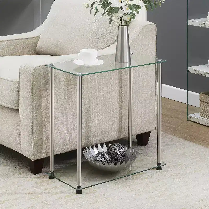 HomeStock Belmont Glass 2 Tier Chairside End Table, Sleek Narrow Side Table with Clear Glass Shelves and Sturdy Stainless Steel Legs