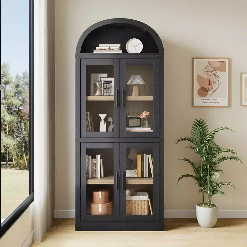 72'' Tall 5 Tier Arched Bookcase for Home Office, 4 Tier Bookshelf Storage Cabinet with Door, Floor Standing Organizer for Living Room