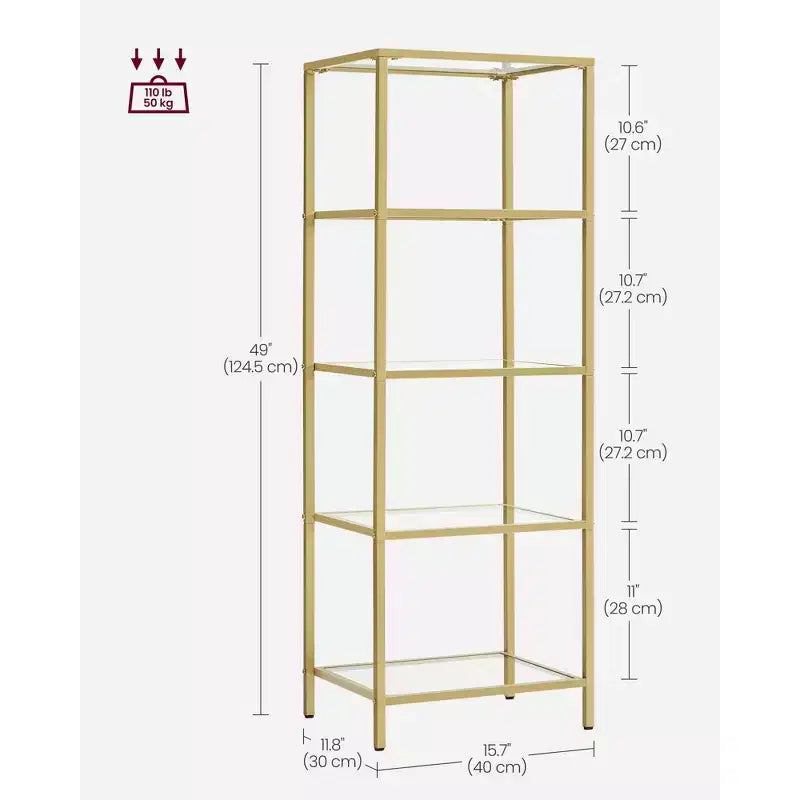 Libreria sottile a 5 ripiani con ripiani in vetro temperato e struttura in acciaio color oro
