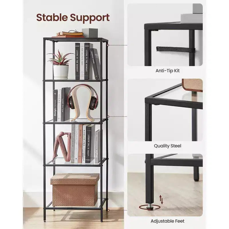 Libreria sottile a 5 ripiani con ripiani in vetro temperato e struttura in acciaio color oro