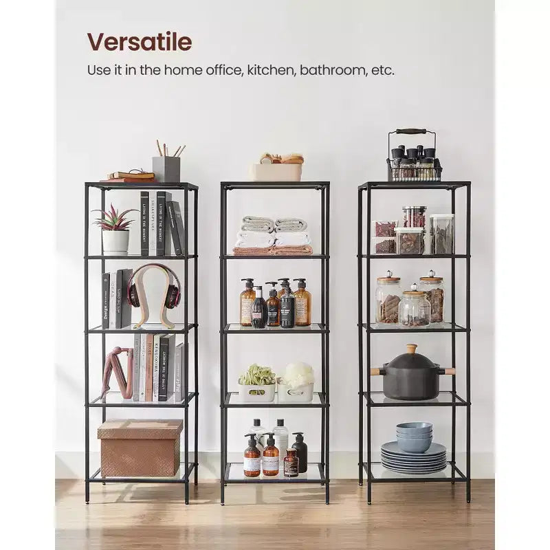 Libreria sottile a 5 ripiani con ripiani in vetro temperato e struttura in acciaio color oro