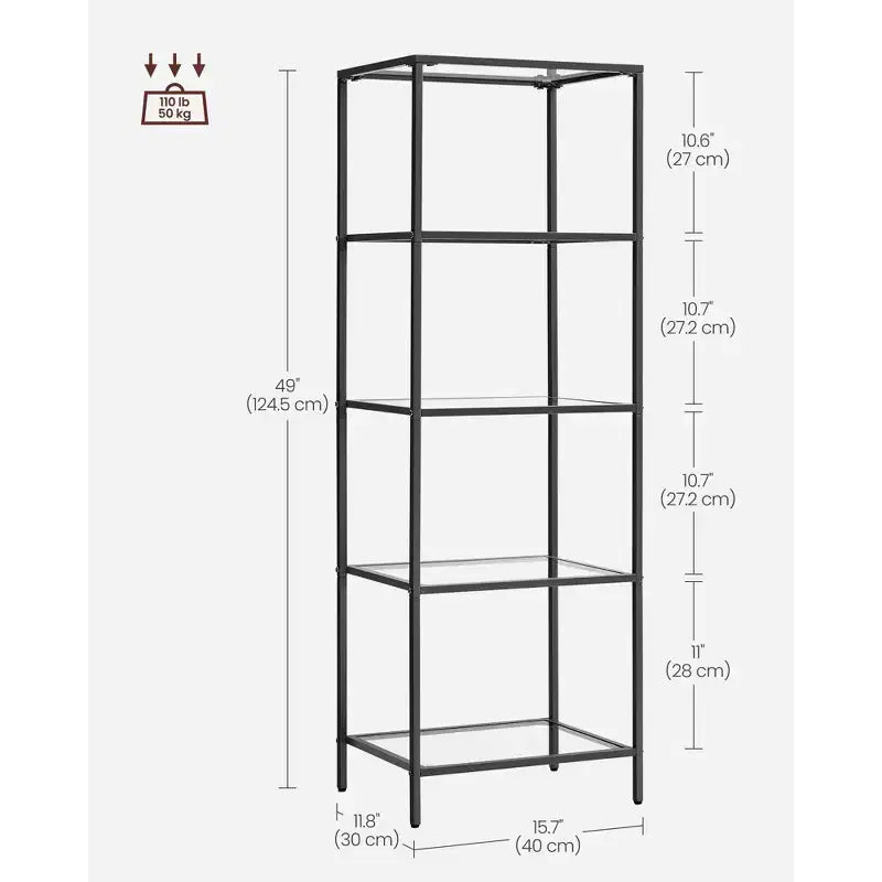 Libreria sottile a 5 ripiani con ripiani in vetro temperato e struttura in acciaio color oro