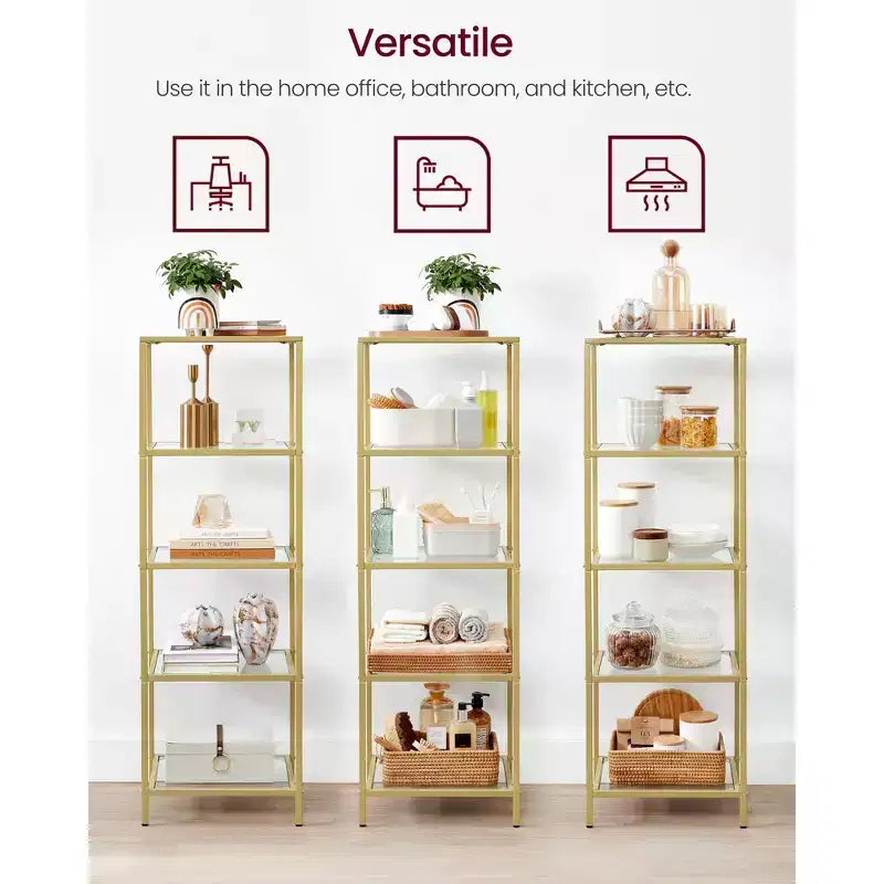 Libreria sottile a 5 ripiani con ripiani in vetro temperato e struttura in acciaio color oro