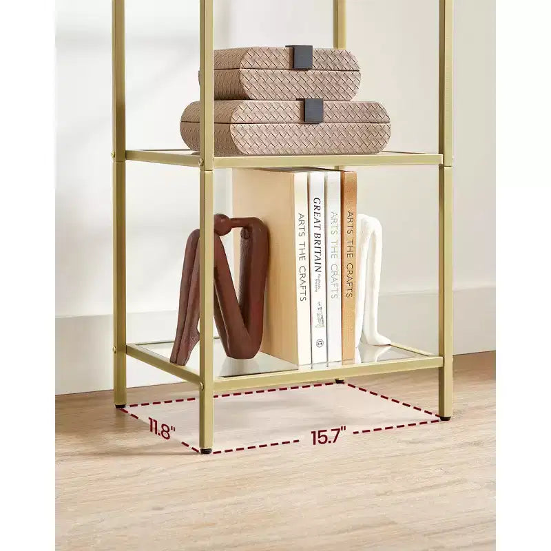 Libreria sottile a 5 ripiani con ripiani in vetro temperato e struttura in acciaio color oro