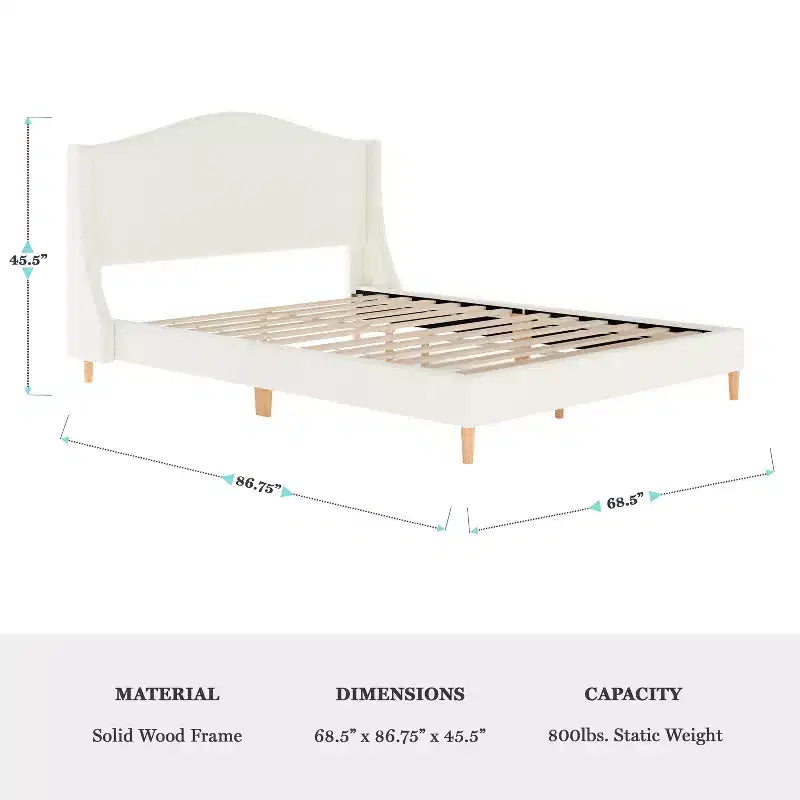 Lit plateforme capitonné Amelia avec tête de lit incurvée et traverses rembourrées