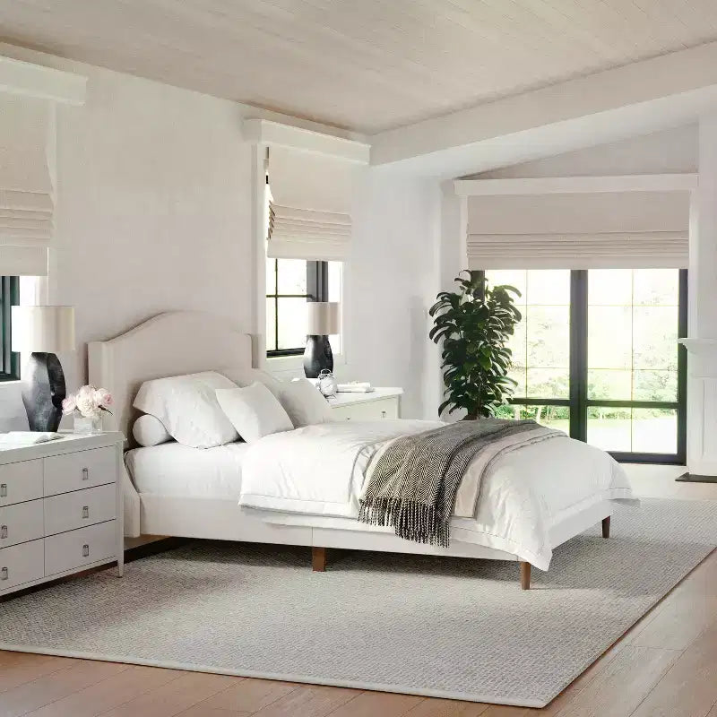 Martha Stewart Amelia Upholstered Platform Bed with Curved Headboard and Cushioned Siderails, Wood Slat Foundation with No Box Spring Needed