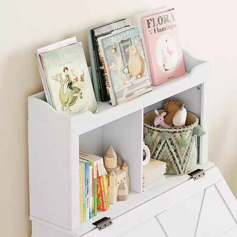 Libreria in legno per bambini con contenitore per giocattoli a coperchio apribile