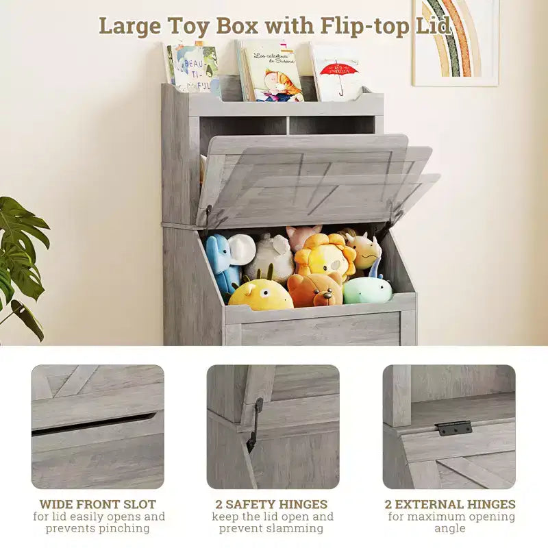 Libreria in legno per bambini con contenitore per giocattoli a coperchio apribile
