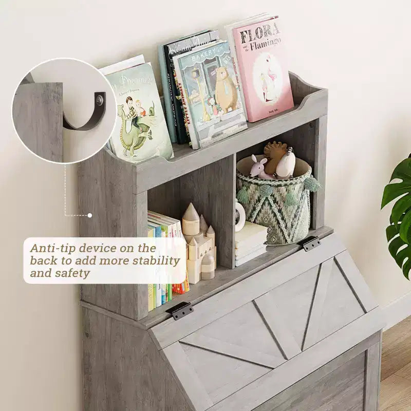 Libreria in legno per bambini con contenitore per giocattoli a coperchio apribile