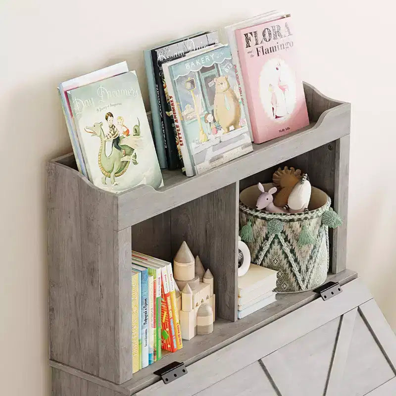 Libreria in legno per bambini con contenitore per giocattoli a coperchio apribile