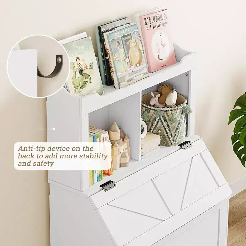 Libreria in legno per bambini con contenitore per giocattoli a coperchio apribile