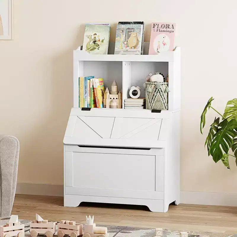 Libreria in legno per bambini con contenitore per giocattoli a coperchio apribile
