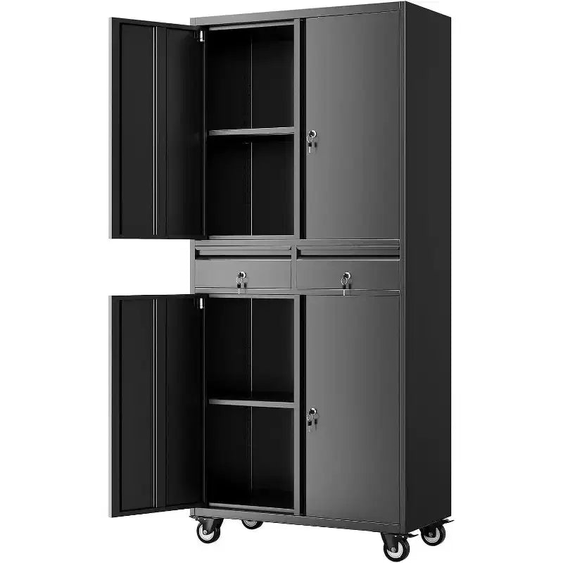 Acekool 73 Metal Storage Cabinet, 2 Drawers, Locking Doors, Wheels, Adjustable Shelves, Heavy Duty for Garage, Office, Workshop, Black