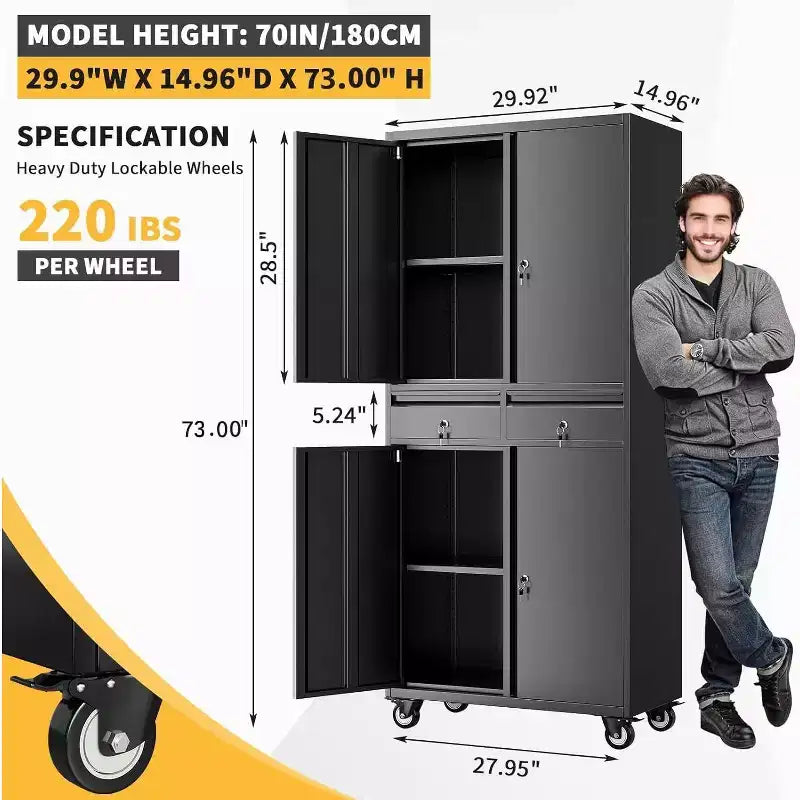 Mobiletto Metallico da 73 Pollici con Cassetti, Ante Bloccabili e Ruote