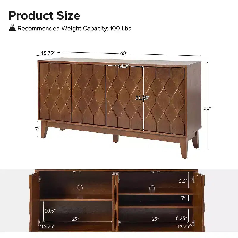 Bahut large et moderne Rosalind 60 avec façades de portes à relief géométrique | KARAT HOME-WALNUT