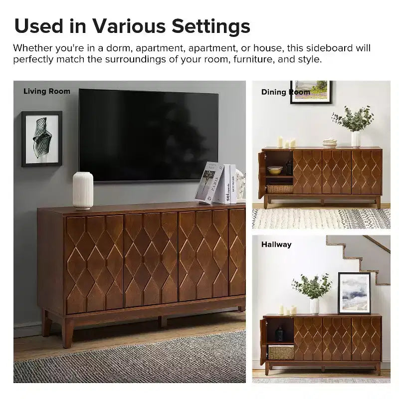 Bahut large et moderne Rosalind 60 avec façades de portes à relief géométrique | KARAT HOME-WALNUT