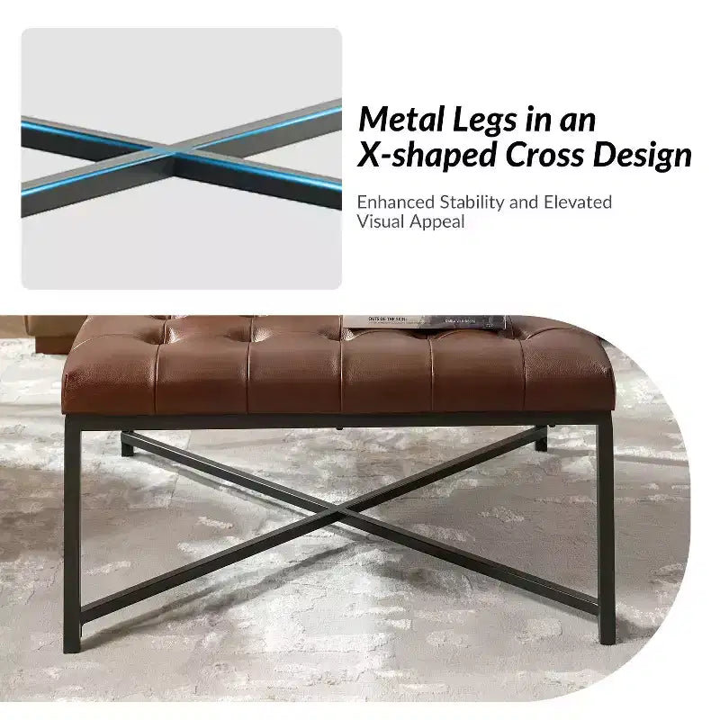 Panca in vera pelle con base in metallo a X