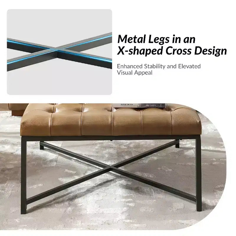 Panca in vera pelle con base in metallo a X