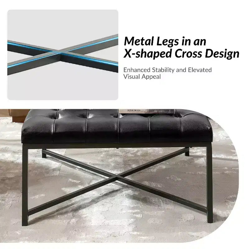 Panca in vera pelle con base in metallo a X