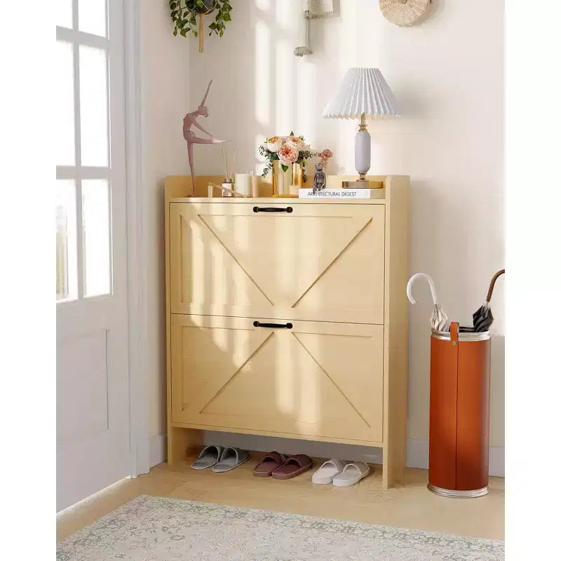 Meuble à chaussures autoportant avec tiroirs basculants et rangement supérieur