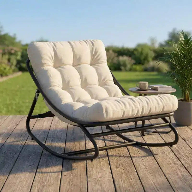Outdoor Papasan Rocking Chair with Cushion for Patio, Porch or Balcony, Cozy Round Accent Lounge Chair