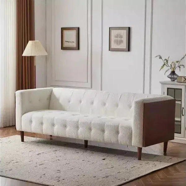 Canapé 3 places – Tissu bouclette beige avec capitonnage