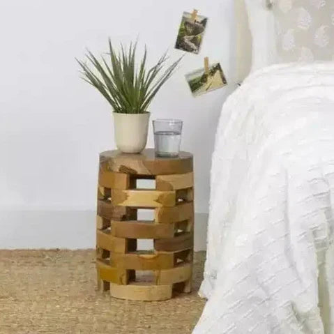 Tavolino d'appoggio rotondo in legno di teak – Realizzato a mano, nessun assemblaggio richiesto