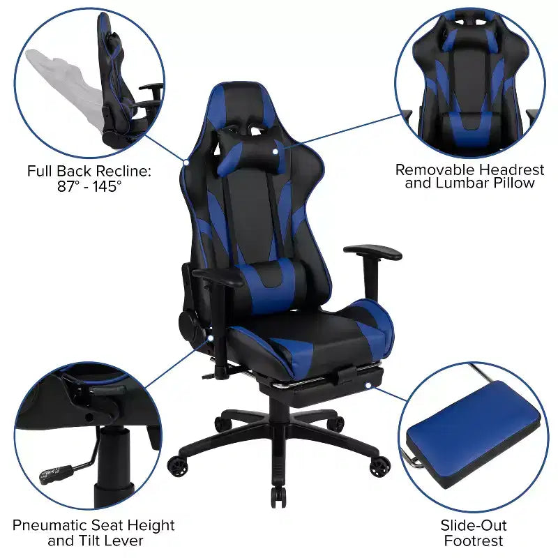 Chaise ergonomique de course de jeu avec dossier inclinable et repose-pieds