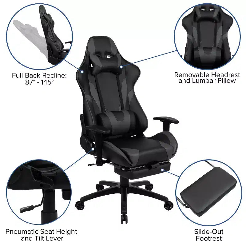 Chaise ergonomique de course de jeu avec dossier inclinable et repose-pieds