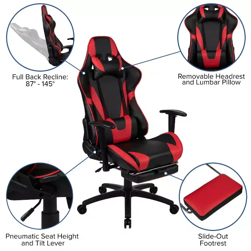 Chaise ergonomique de course de jeu avec dossier inclinable et repose-pieds