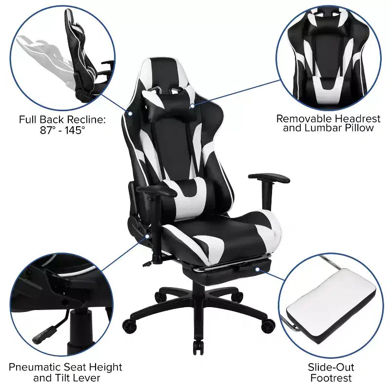 Sedia ergonomica da gaming da corsa con schienale reclinabile e poggiapiedi